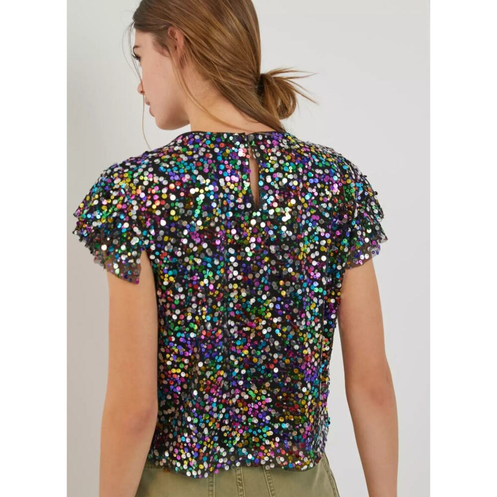 by ANTHROPOLOGIE Pamela Sequin Top Small Black Multicolor Party Sparkle Glam - Picture 3 of 13